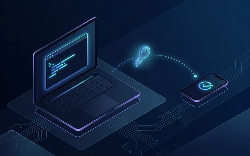 A laptop terminal passing a key along a dotted arc to a phone that confirms it.