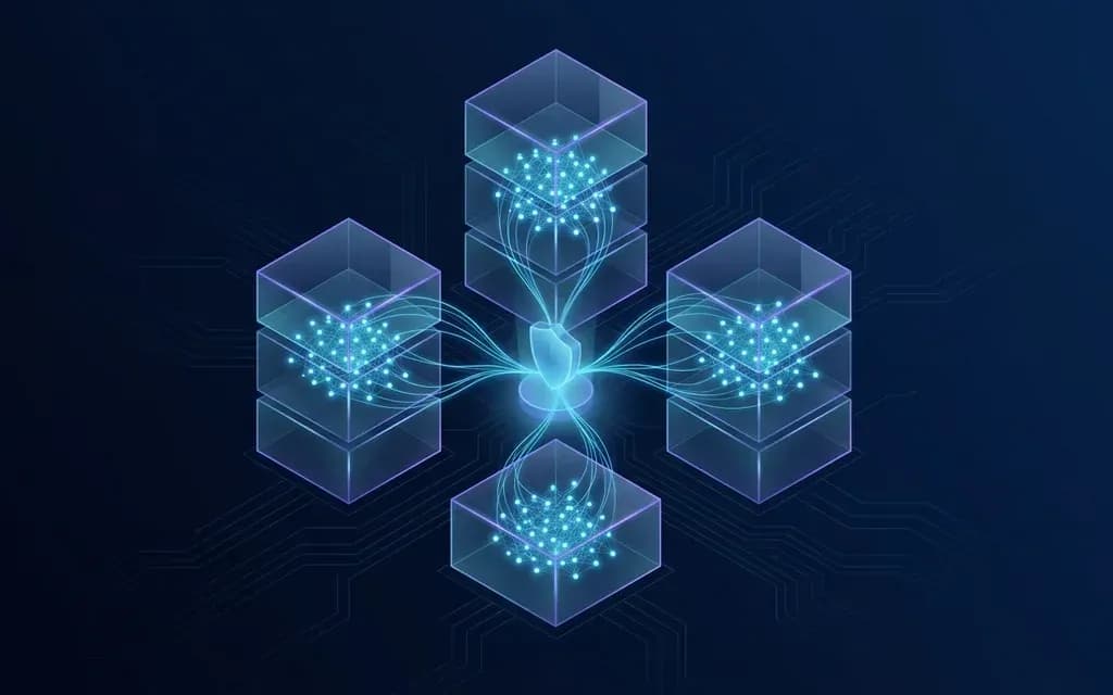 Four glass blocks of member nodes, each wired to one central shield.