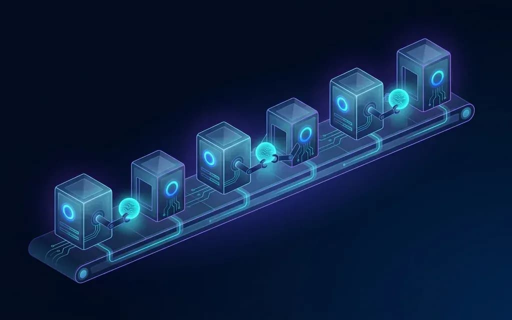 A row of server modules on a lit track, handing glowing tokens to one another.