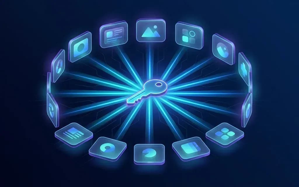 A single glowing key radiating beams to a ring of app tiles.