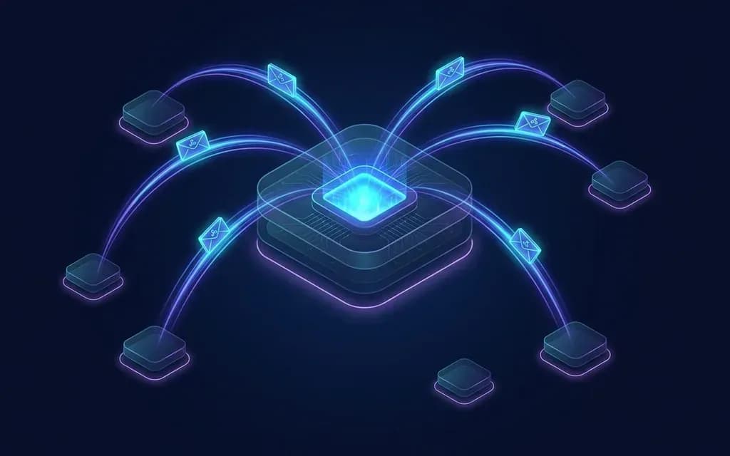 A central hub sending envelopes of light along curved paths to surrounding nodes.