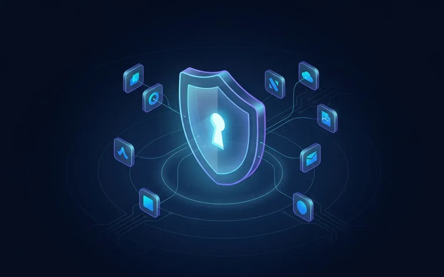 A glowing shield with a keyhole at its centre, linked by threads of light to a ring of app tiles: one BlueForge identity signing in to every app.