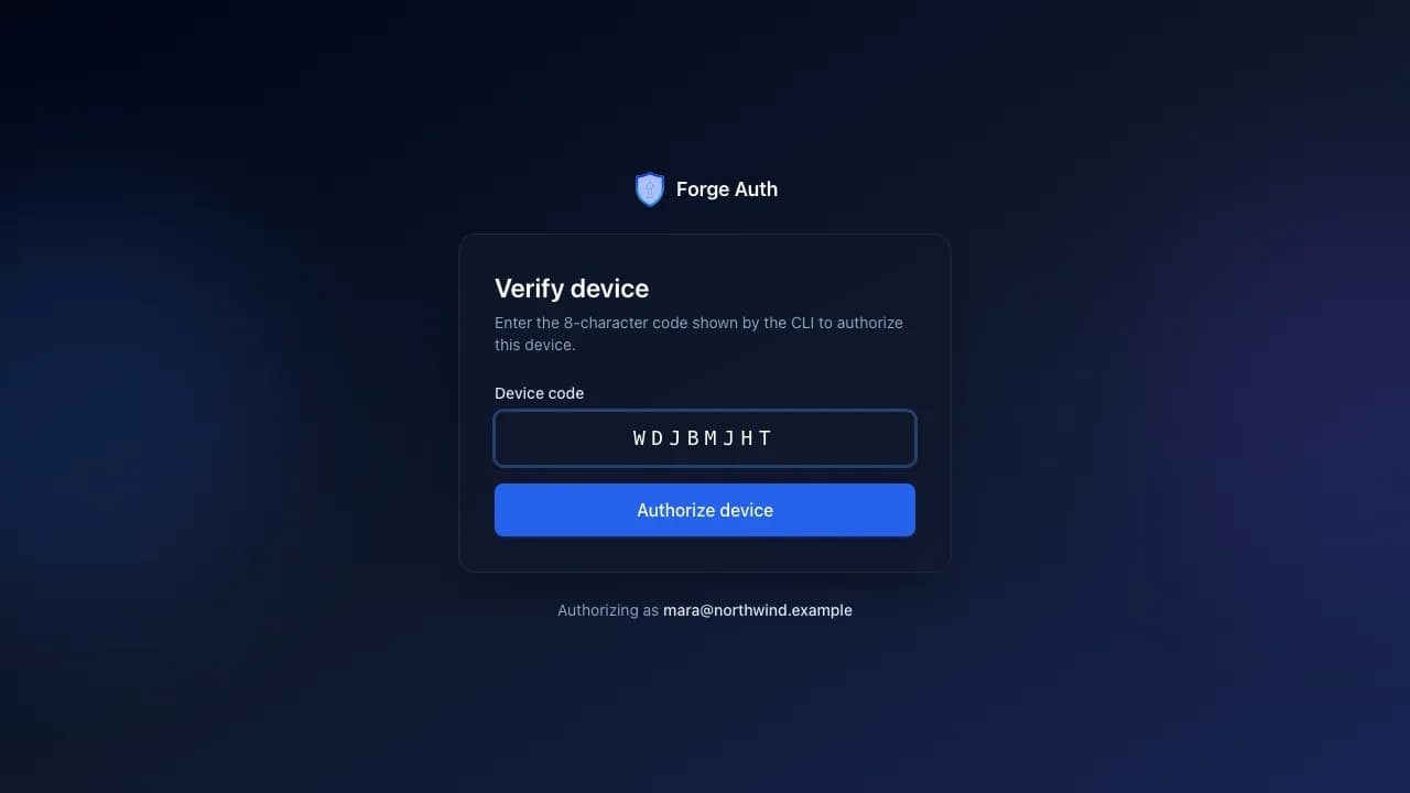 The Forge Auth device verification page, signed in as Mara Okafor, with the code WDJBMJHT entered and an Authorize device button.