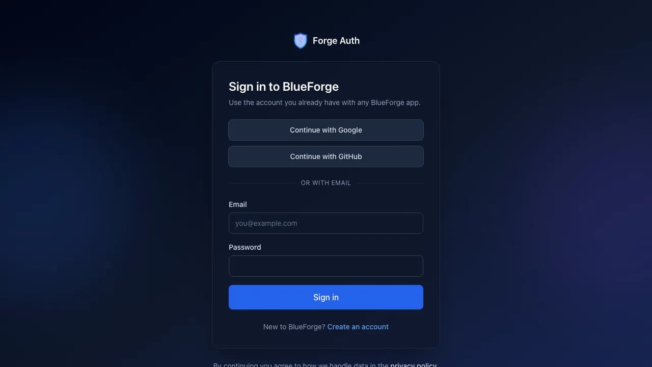 The Forge Auth sign-in page with Continue with Google and Continue with GitHub buttons above an email and password form.